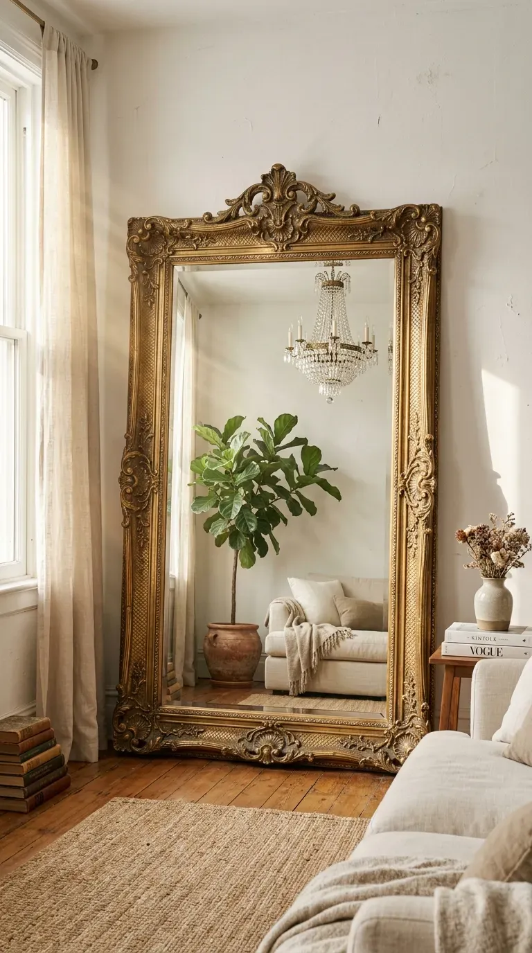 13 Genius Small Apartment Living Rooms You Need to Copy 9 Massive brass floor mirror reflecting a living room
