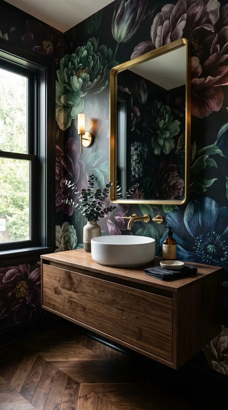 10 Must-Try Bathroom Wallpaper Ideas That Look Expensive 2 A luxurious powder room with oversized dark floral botanical wallpaper