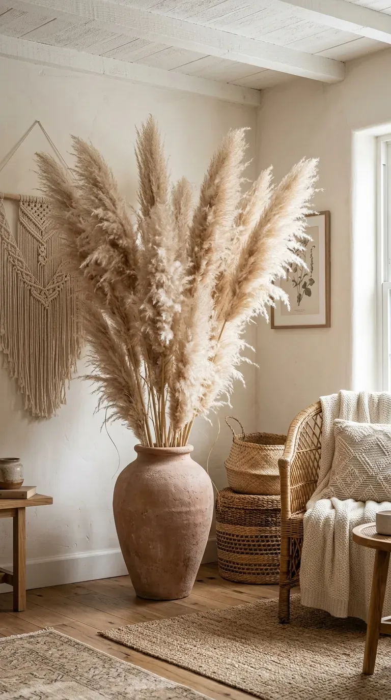 15 Genius Bohemian Home Decor Ideas You Need to Try 16 Tall, fluffy pampas grass displayed in an oversized ceramic floor vase