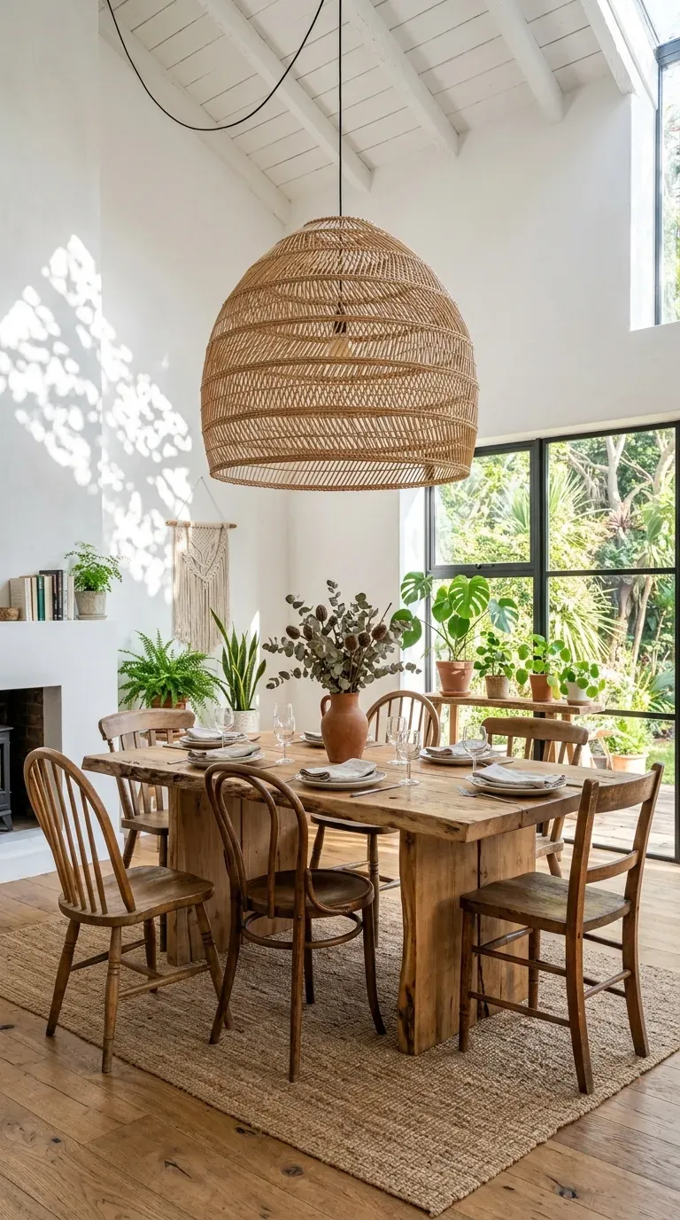 15 Genius Bohemian Home Decor Ideas You Need to Try 3 A massive woven rattan pendant light hanging over a dining table