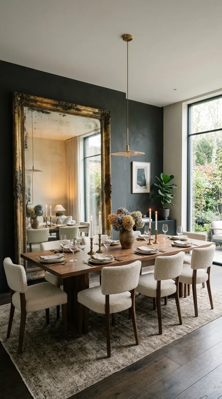 12 Aesthetic Dining Room Wall Decor Styles to Copy Today 2 A grand vintage brass mirror leaning against a dark dining room wall