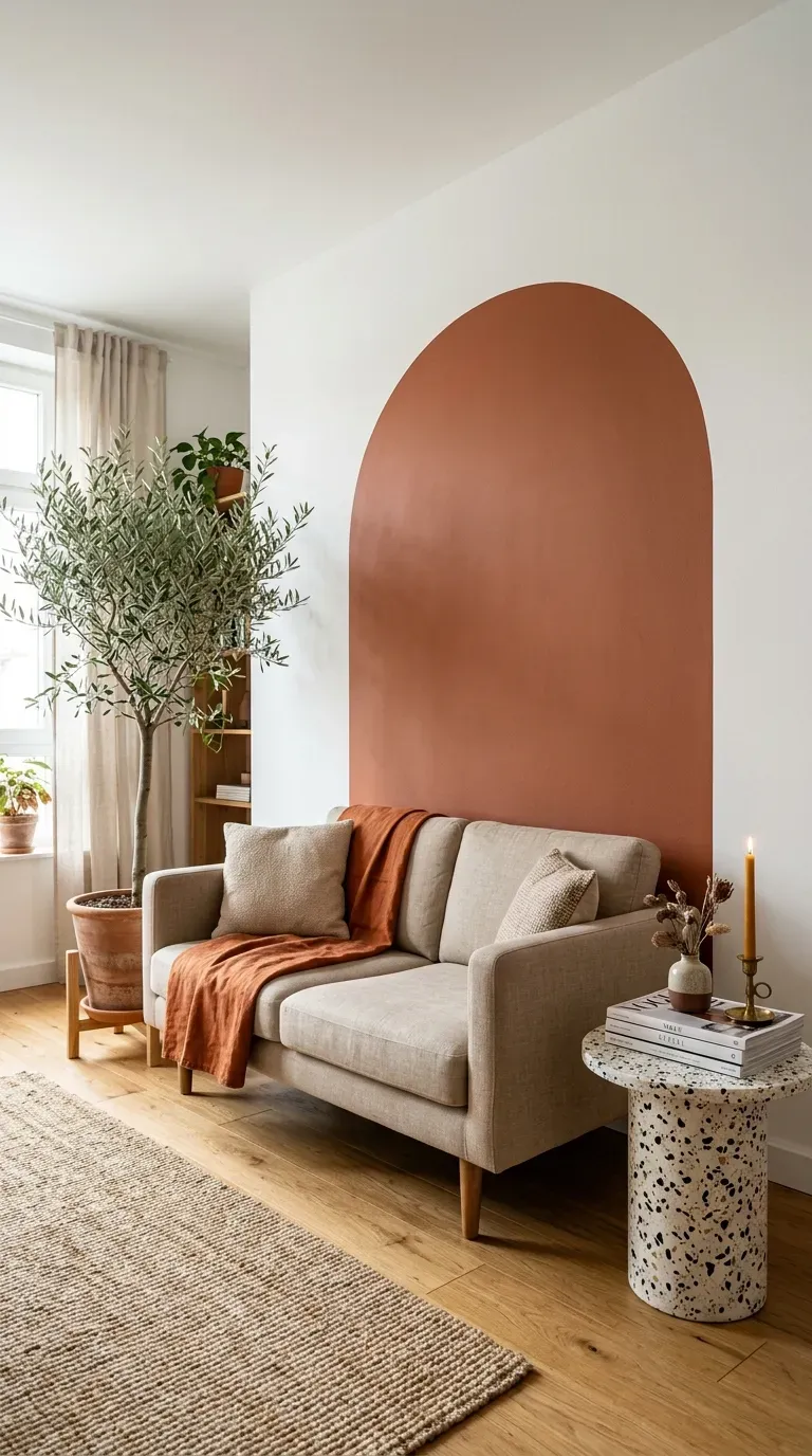 13 Genius Small Apartment Living Rooms You Need to Copy 12 Terracotta painted arch behind a modern sofa
