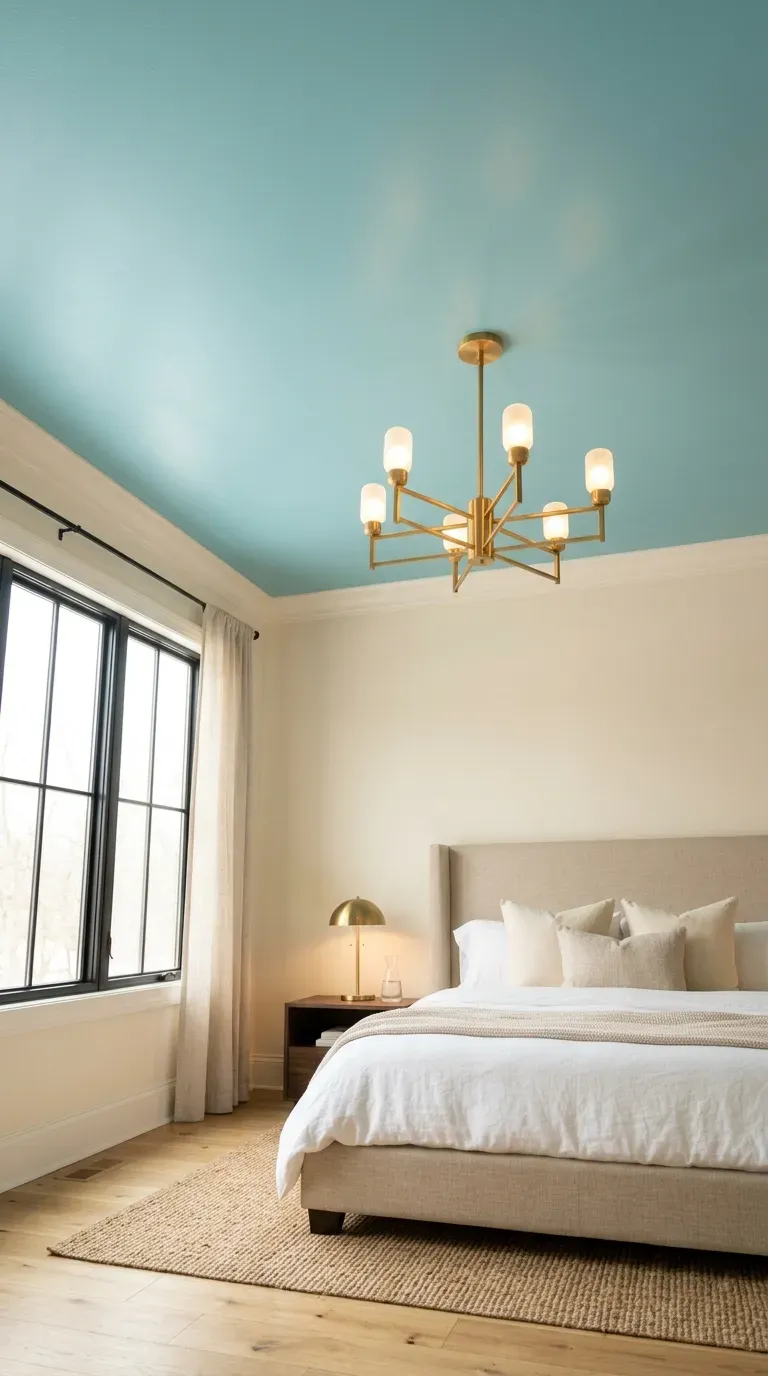 15 Genius Colorful Bedroom Ideas You Need to Try 13 A bedroom with cream walls and a striking robin's egg blue painted ceiling