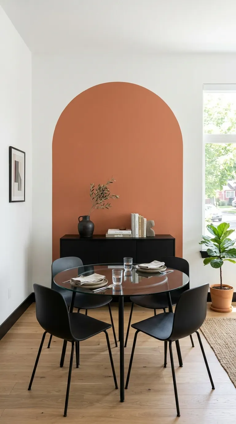 12 Aesthetic Dining Room Wall Decor Styles to Copy Today 10 A modern dining room featuring a bold painted terracotta arch on the wall
