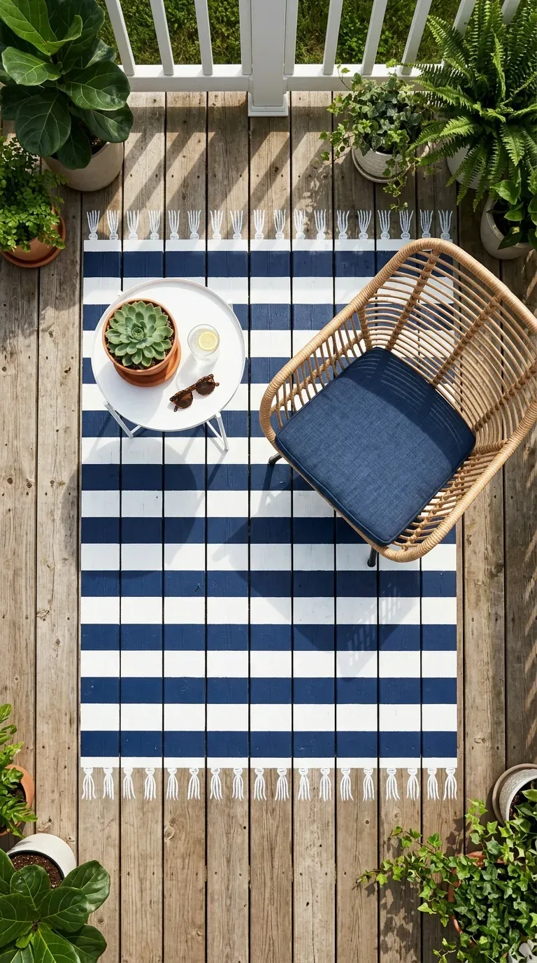 15 Genius DIY Patio Ideas You Need to Try 16 Painted blue and white striped faux rug on a wooden patio deck