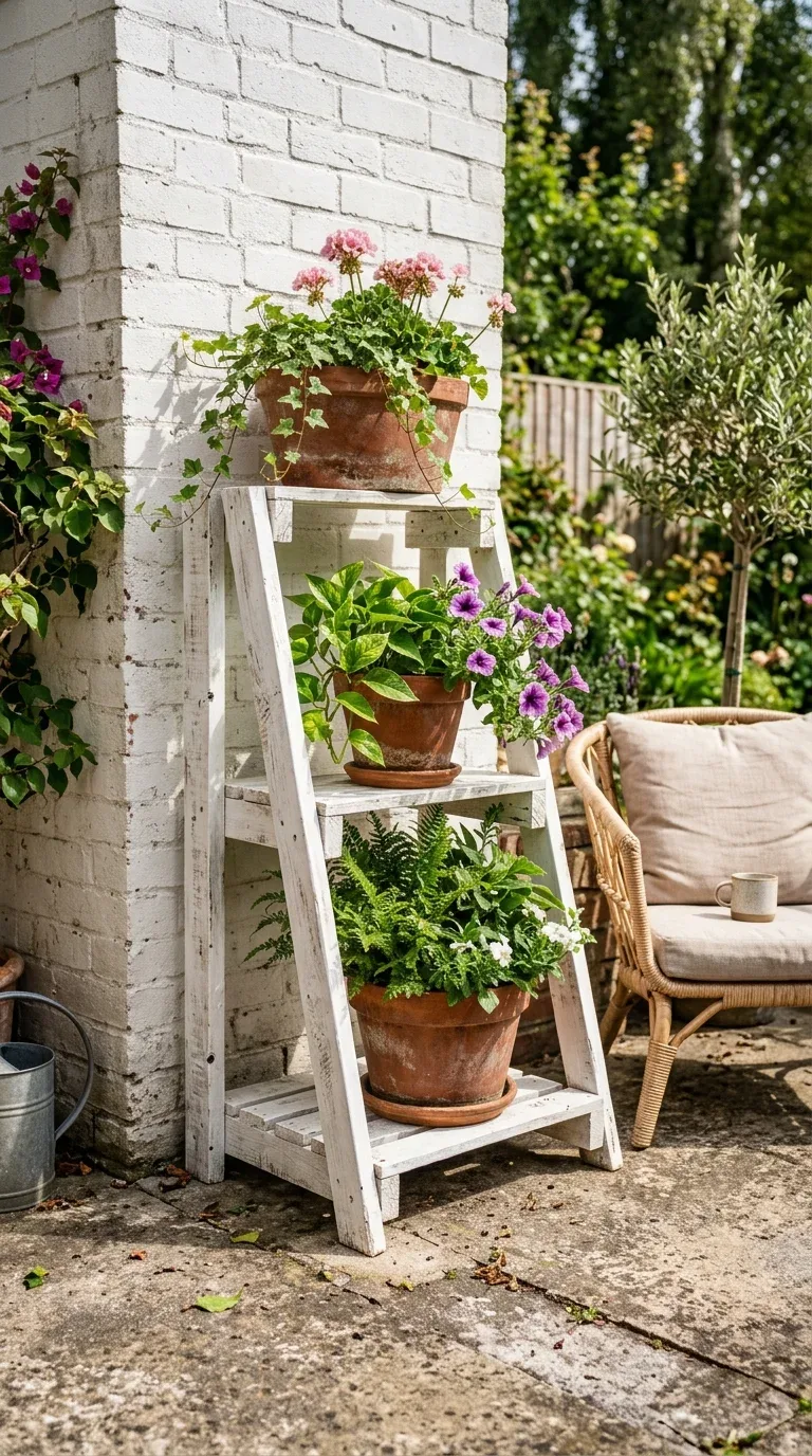 17 DIY Summer Decorations on a Budget 7 A tiered wood pallet plant stand painted white holding several potted summer plants