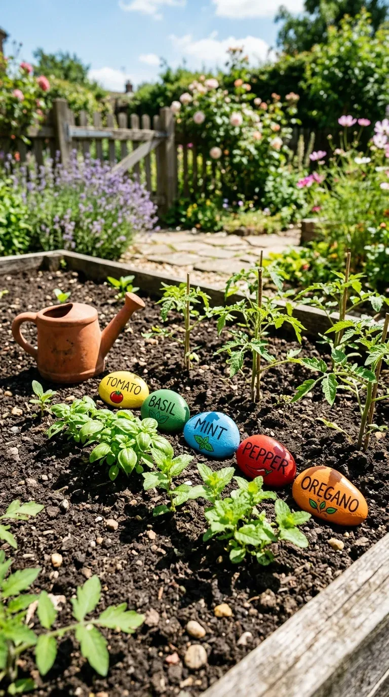 18 Fun Summer Craft Activities for Any Age 2 A set of hand-painted rock garden markers labeled with vegetable names in a flower bed