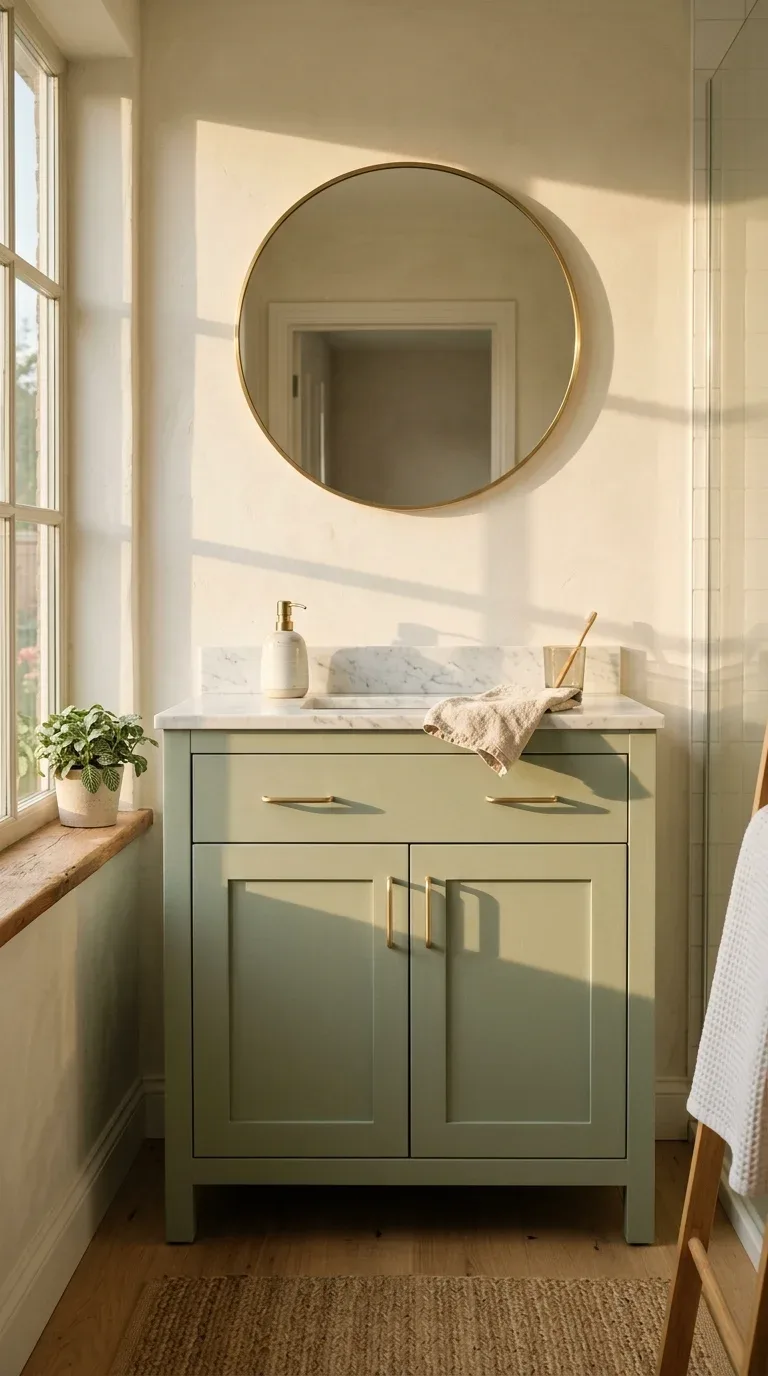17 Minimalist Bathroom Ideas on a Budget 11 A freshly painted sage green bathroom vanity in a minimalist bathroom setting