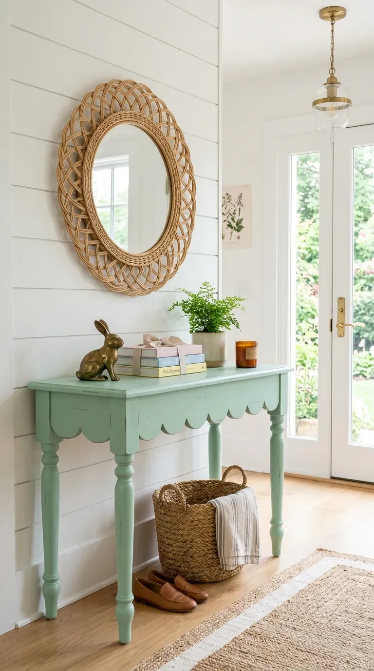 Mint green painted console table with a decorative scalloped edge