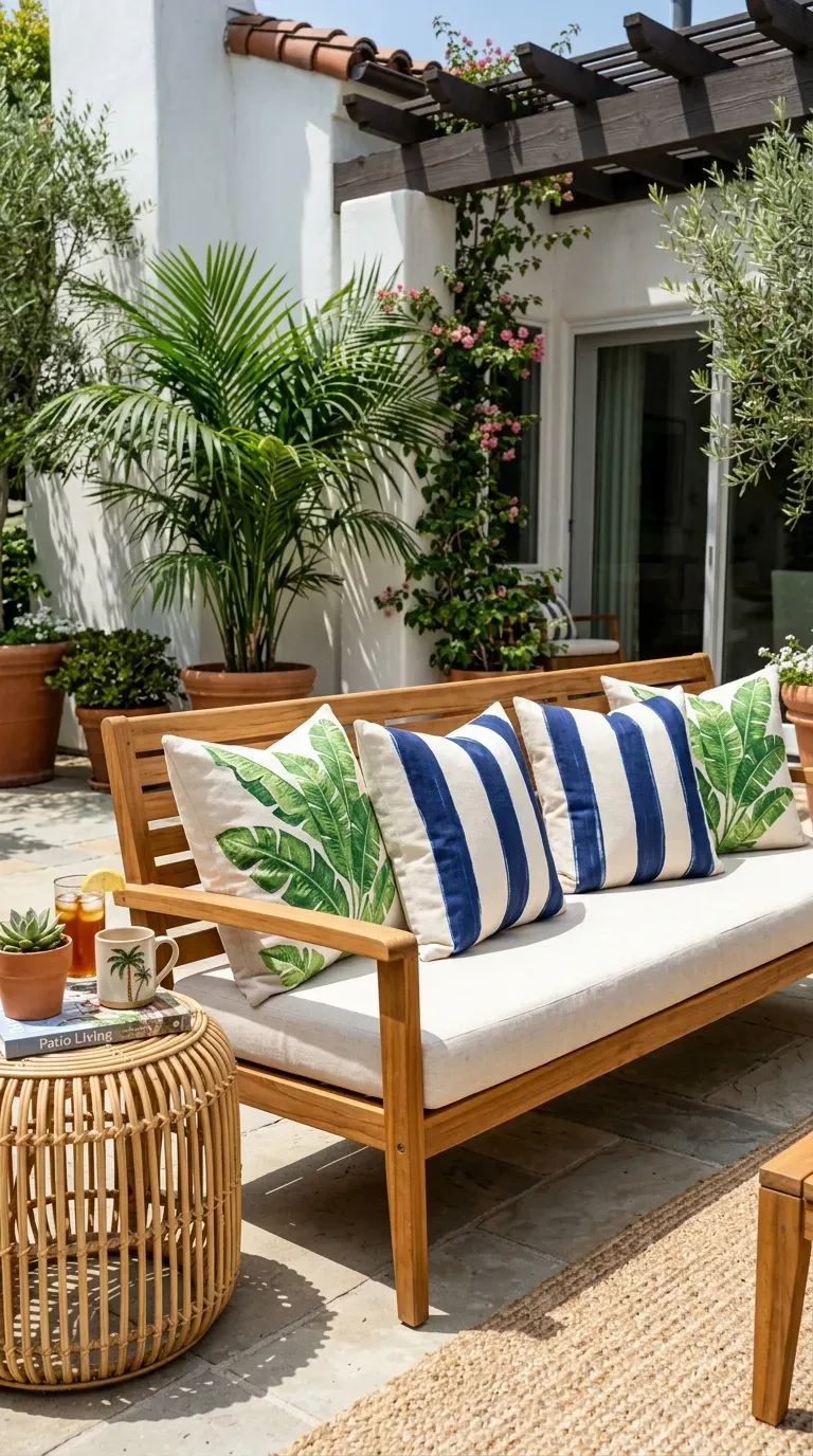 15 Genius DIY Summer Decorations You Need to Try 12 Brightly painted stenciled canvas pillows on an outdoor patio sofa