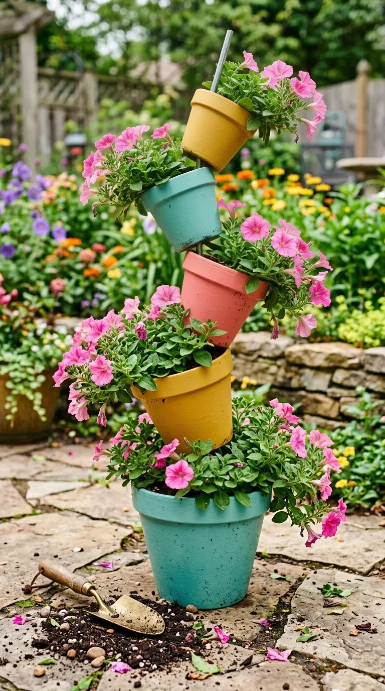 15 Genius DIY Patio Ideas You Need to Try 11 Leaning tower of vibrantly painted terra cotta pots filled with pink flowers