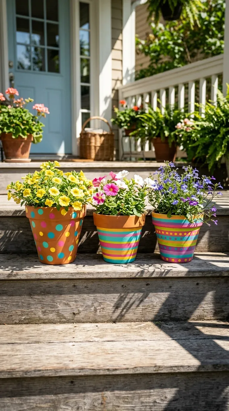 A row of hand-painted terracotta pots with bright patterns holding small plants on a porch