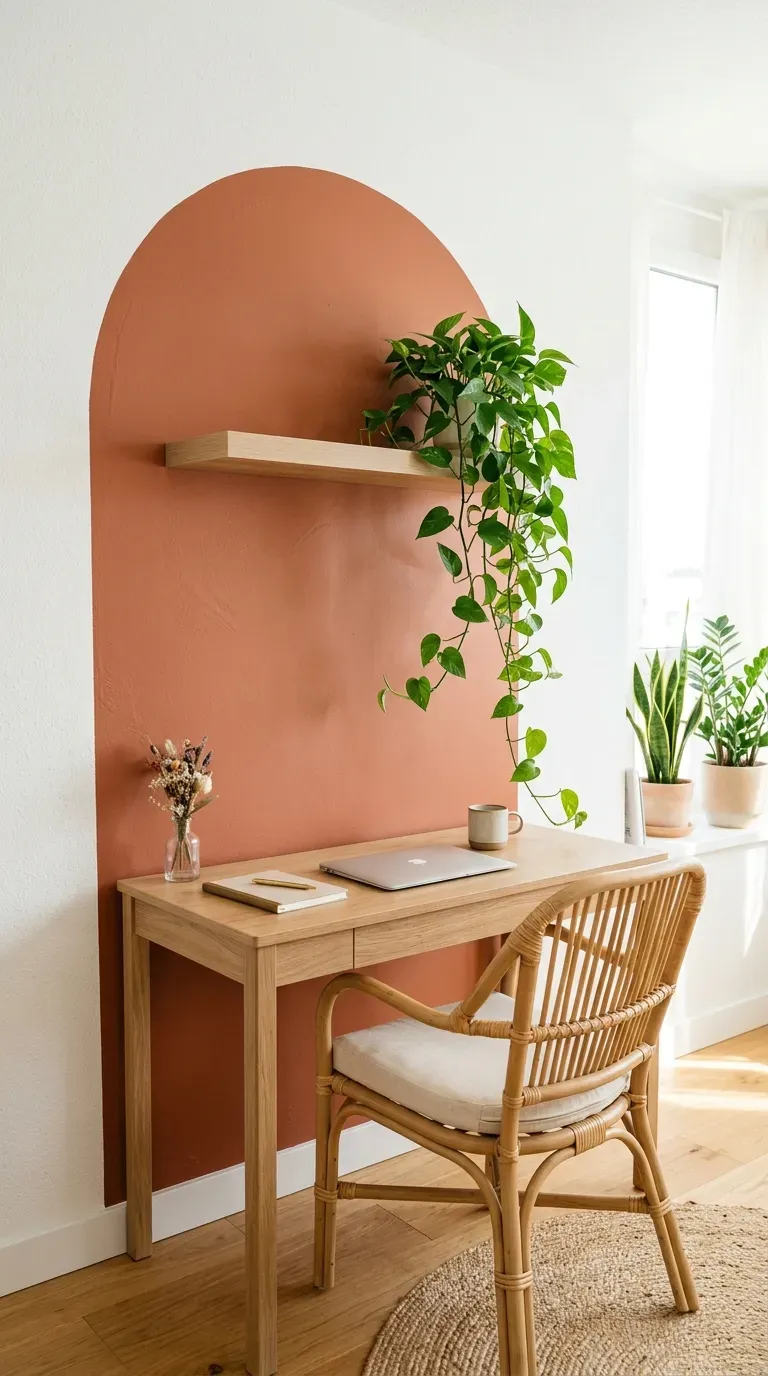 A vibrant terracotta painted arch framing a wooden desk
