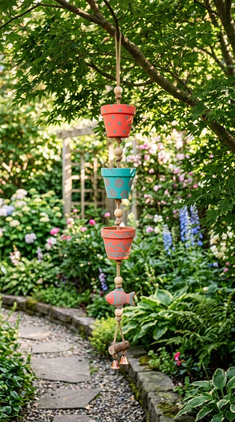 17 DIY Summer Decorations on a Budget 13 A hanging wind chime made from painted terracotta pots stacked on rope in a garden