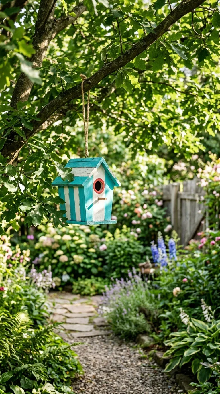 18 Fun Summer Craft Activities for Any Age 12 A hand-painted wooden birdhouse with bright stripes hanging in a backyard garden tree