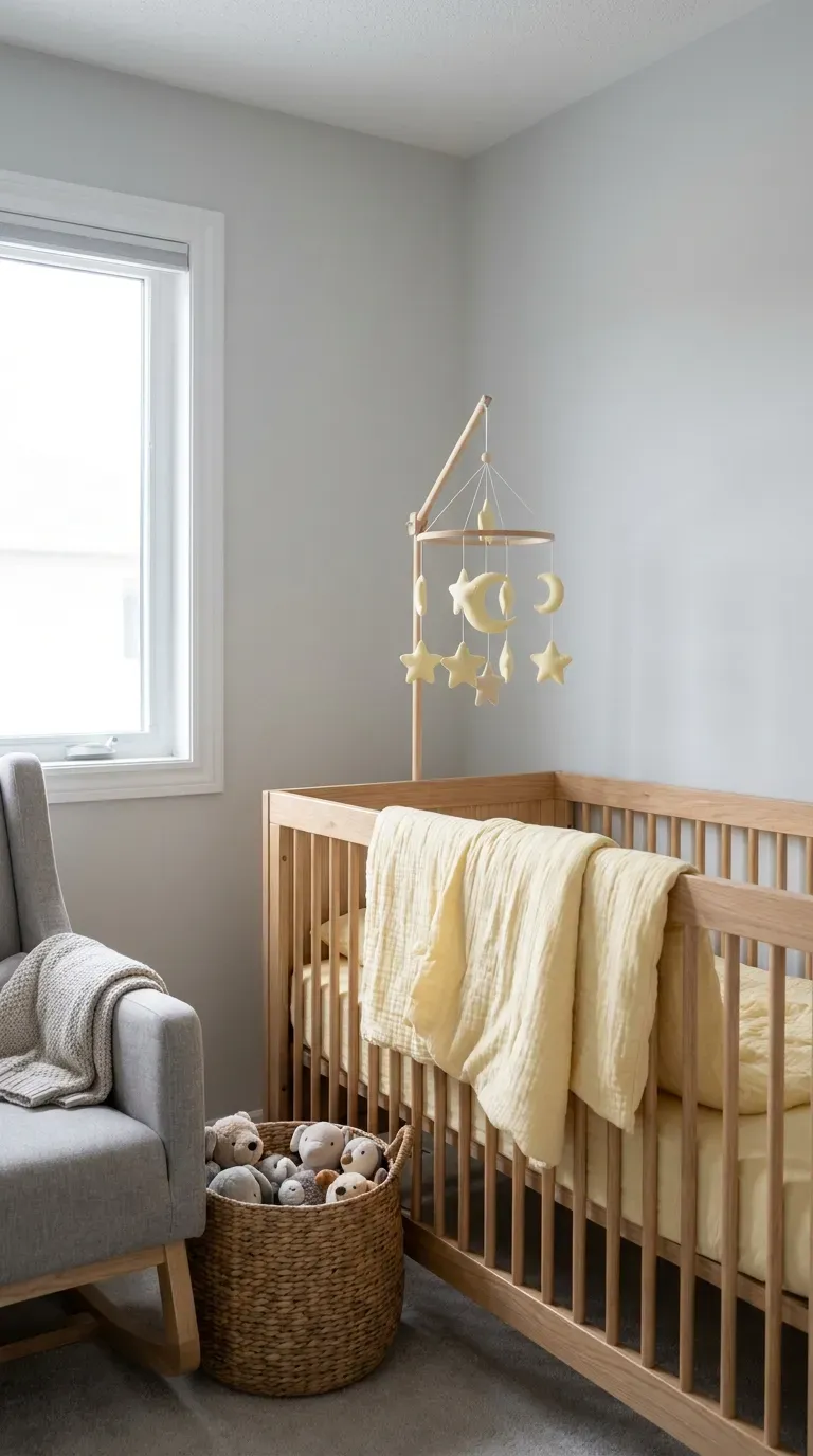 12 Genius Yellow and Gray Color Combo Ideas You Need to Try 7 A serene nursery featuring pale gray walls and pastel yellow crib bedding