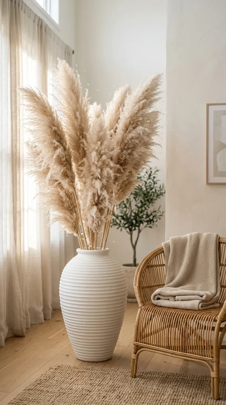 15 Genius Aesthetic Room Ideas You Need to Try 14 Tall beige pampas grass plumes displayed in a white ribbed floor vase