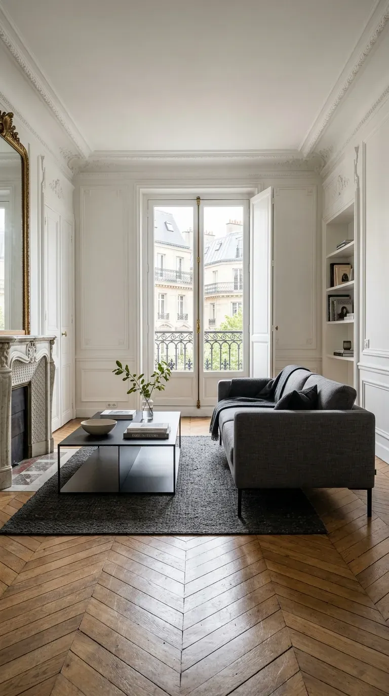 15 Genius Modern Living Room Designs You Need to See 14 A Parisian apartment living room with historic wall moldings and modern furniture