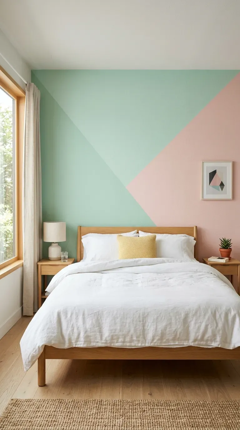 15 Genius Colorful Bedroom Ideas You Need to Try 3 A bright bedroom with geometric mint green and blush pink painted wall sections