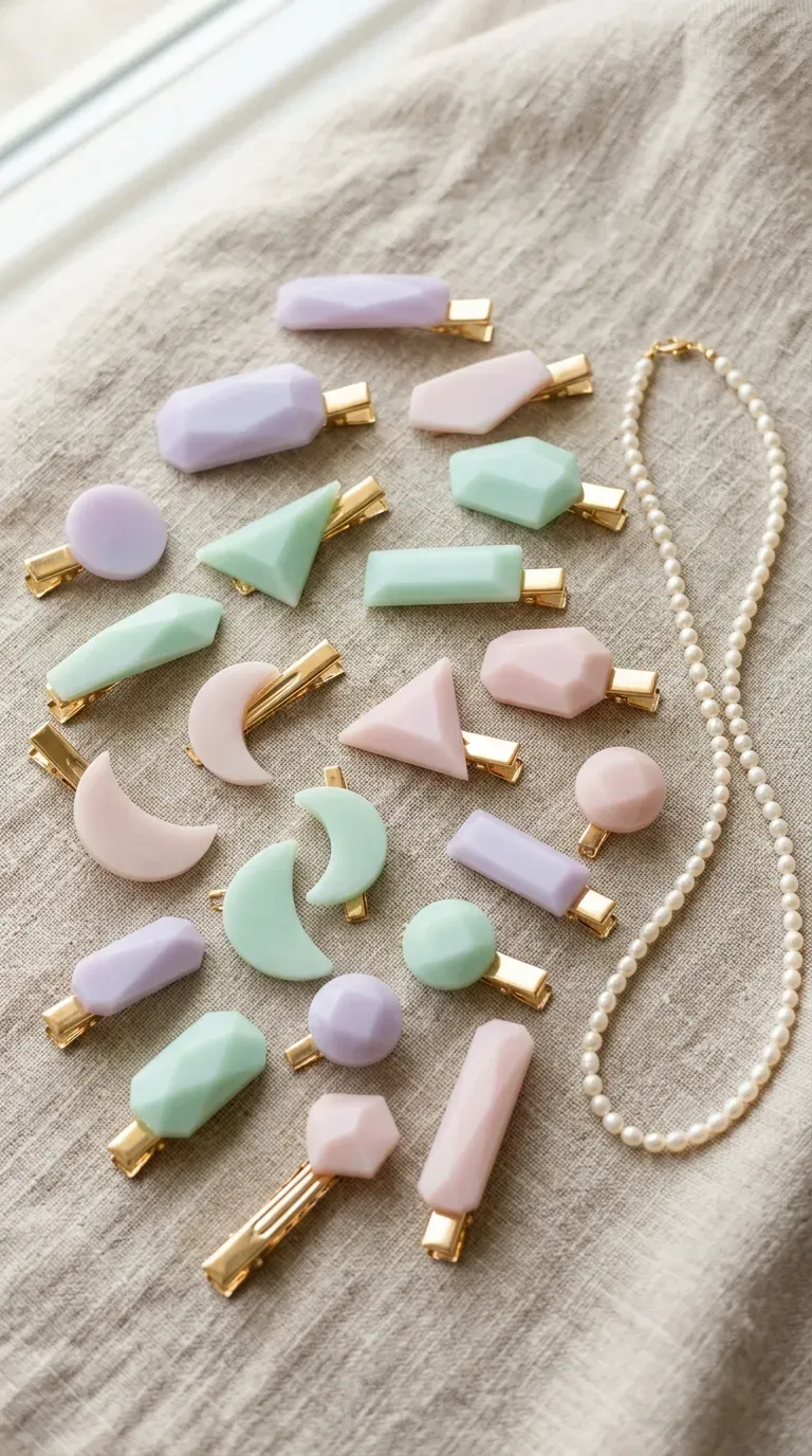 A collection of milky pastel resin hair clips on a linen cloth
