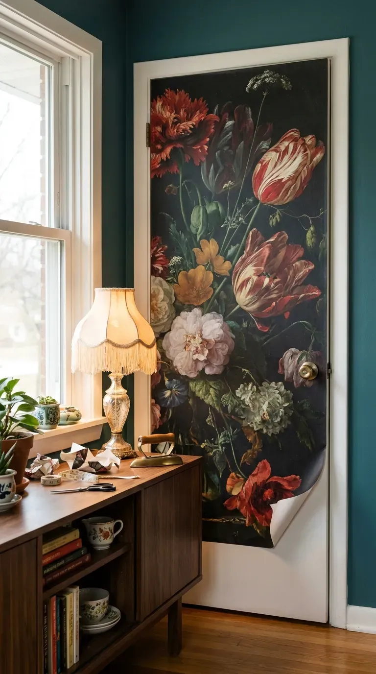 13 Genius Interior Door Makeovers You Need to Try 4 Flat interior door wrapped in an oversized moody vintage floral peel-and-stick mural