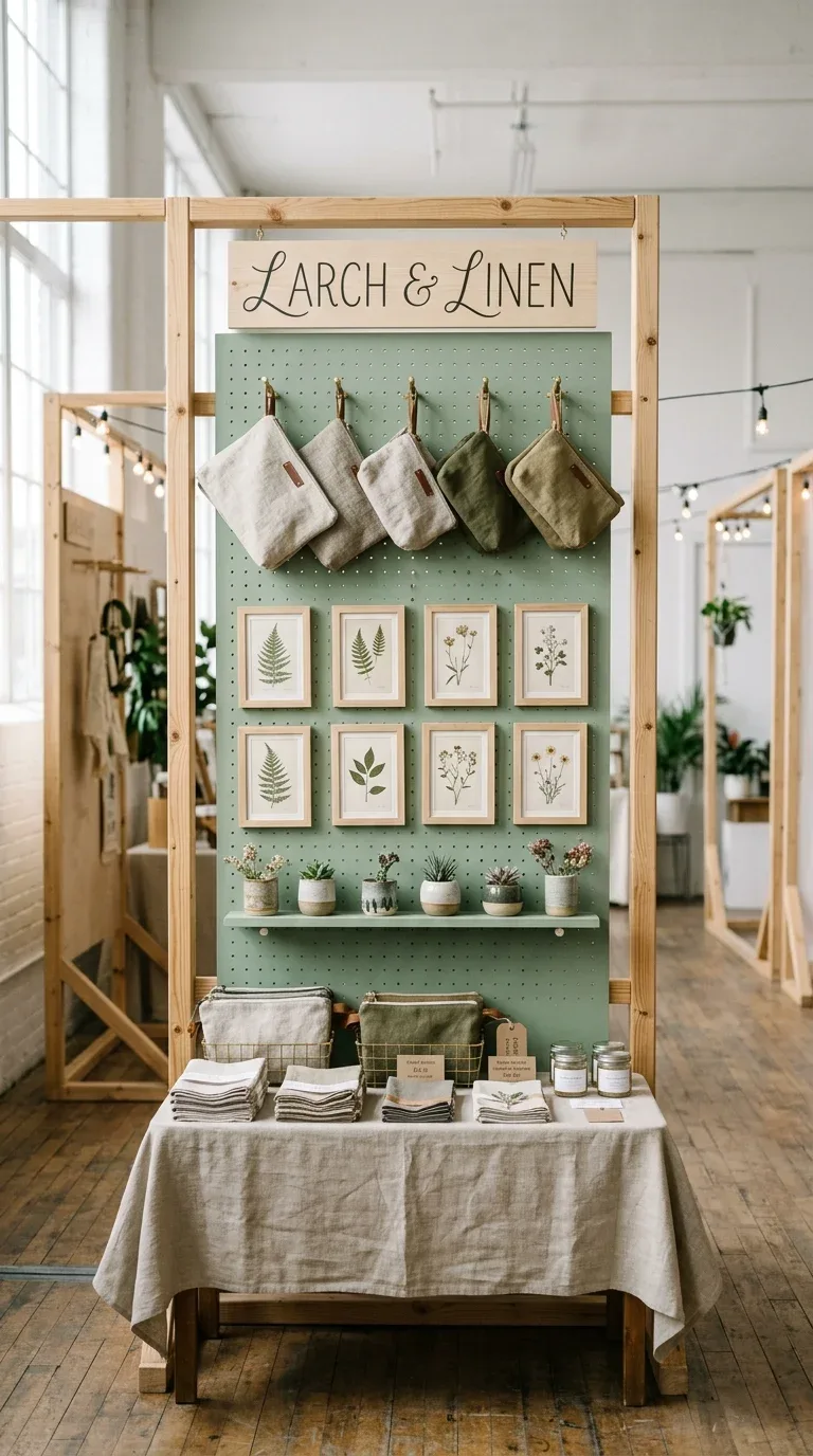 17 Creative Craft Booth Ideas for First-Time Vendors 5 A freestanding painted pegboard display at a craft fair booth with hanging handmade goods