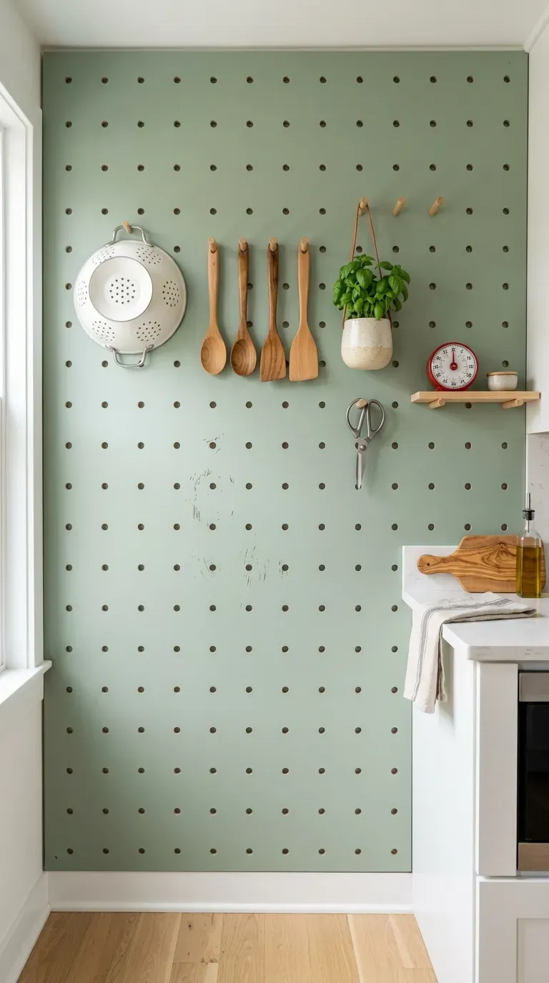 A floor-to-ceiling pegboard wall holding various kitchen utensils and pots