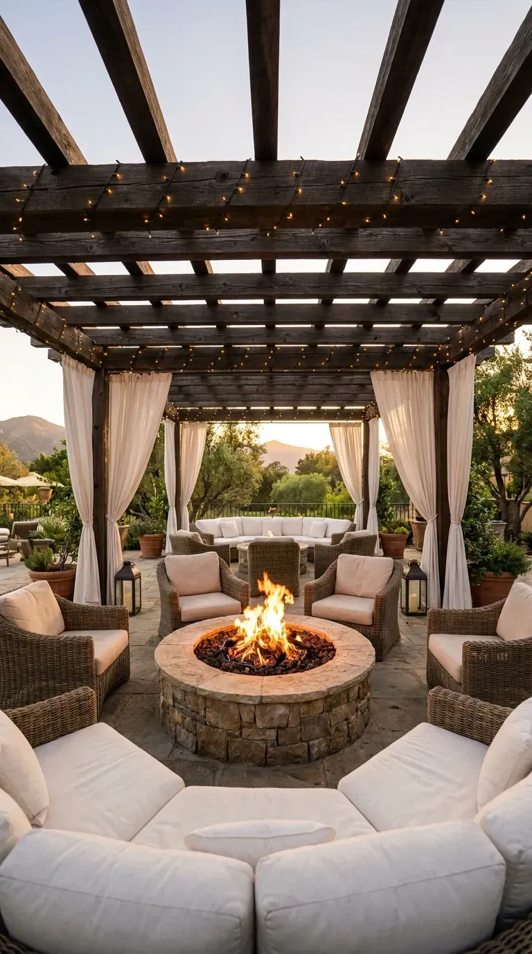 14 Genius Outdoor Fire Pit Ideas You Need to Try 15 A fire pit lounge area beautifully framed beneath a dark timber pergola