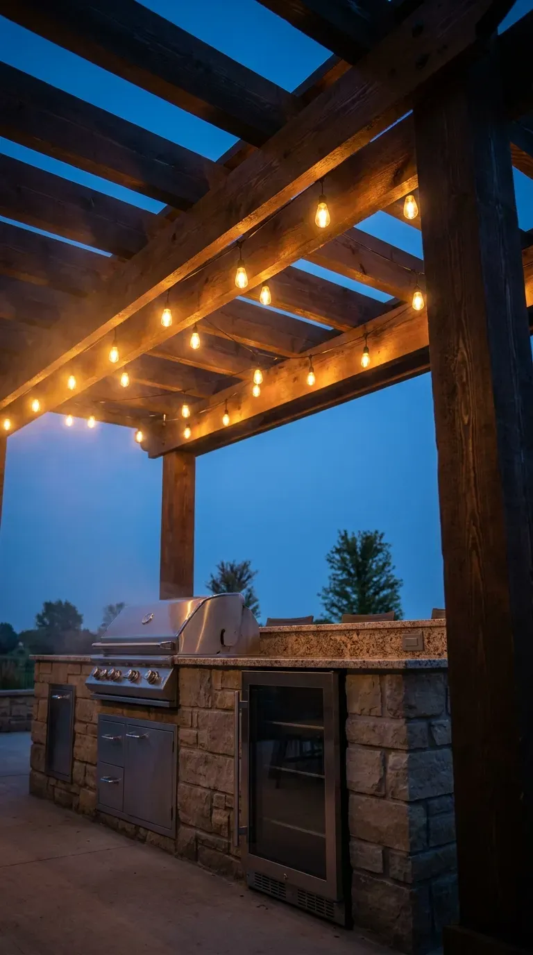 15 Genius Backyard Kitchen Ideas You Need to Try 7 An outdoor kitchen shaded by a beautiful wooden pergola with string lights