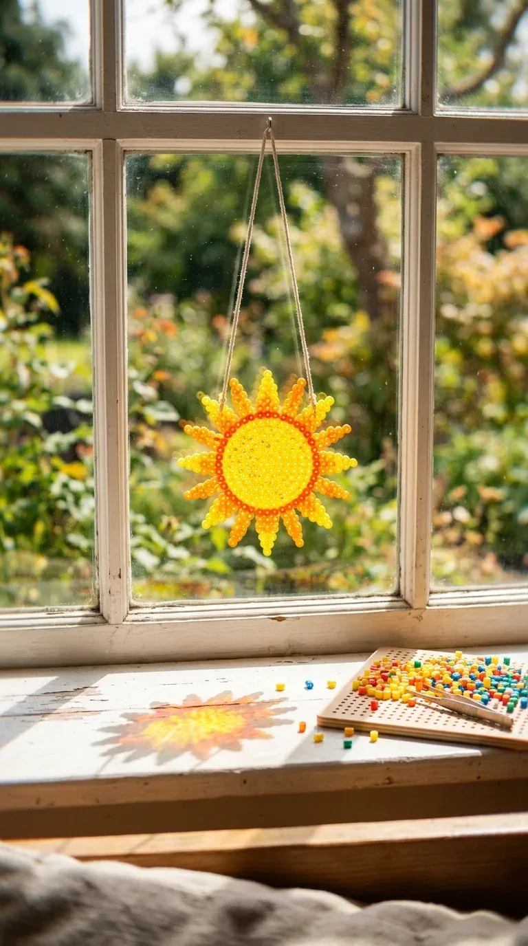 18 Fun Summer Craft Activities for Any Age 16 A colorful fused bead sun catcher shaped like a sun hanging in a bright window