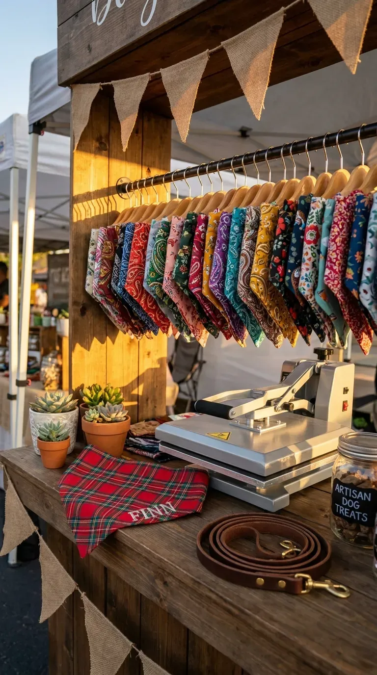 12 Easy Profitable Craft Fair Ideas to Maximize Your Sales 3 A colorful display of patterned dog bandanas on a wooden rack