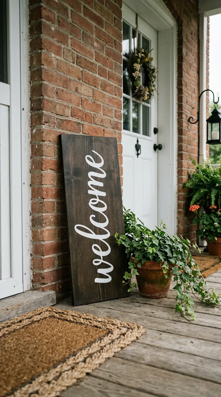 21 Easy Cricut Home Decor Projects You'll Love 3 A wooden welcome sign with cut vinyl script lettering leaning against a front porch wall