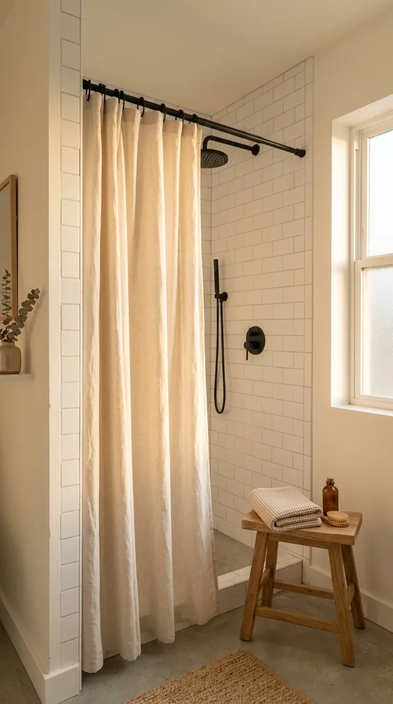 17 Minimalist Bathroom Ideas on a Budget 6 A plain cream linen shower curtain in a minimalist bathroom shower area