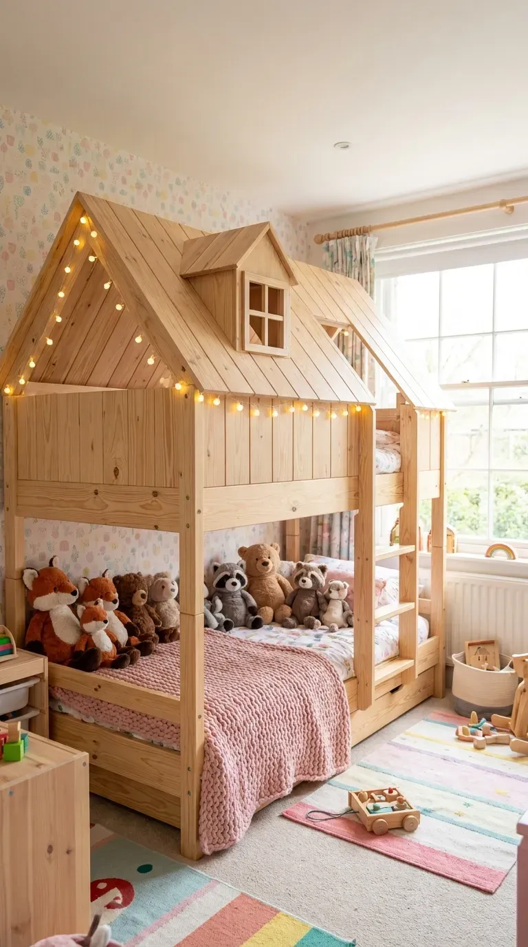 10 Must-Try Bunk Bed Room Ideas That Look Stunning 9 A playful kids room with a bunk bed shaped like a small wooden house