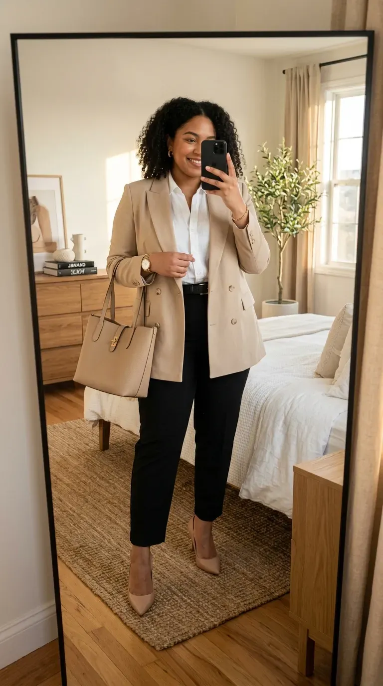 Plus size woman wearing black trousers, white blouse, and beige blazer for business casual office style.