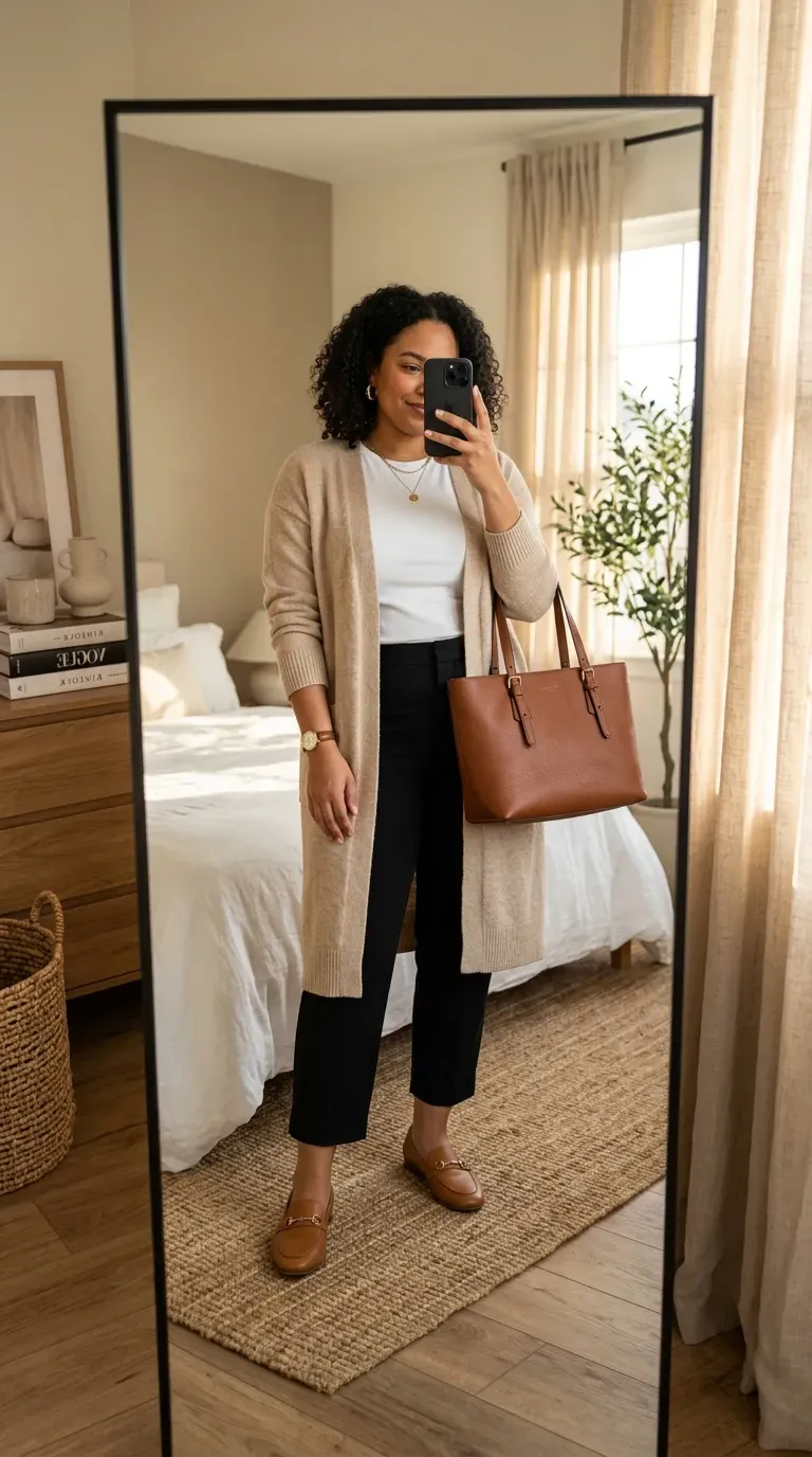 Plus size woman wearing cropped trousers with a longline cardigan and loafers.