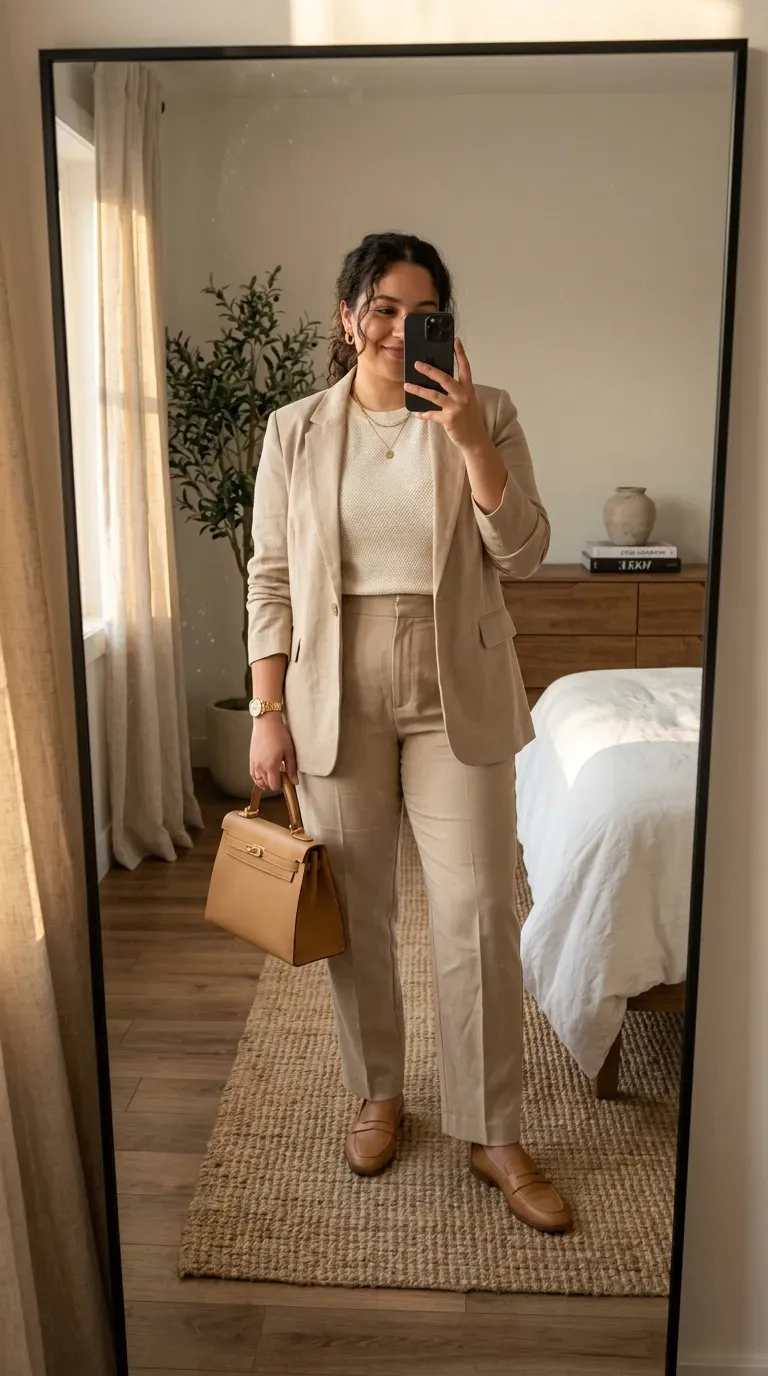 Plus size woman wearing an elegant monochrome beige business casual outfit with loafers.