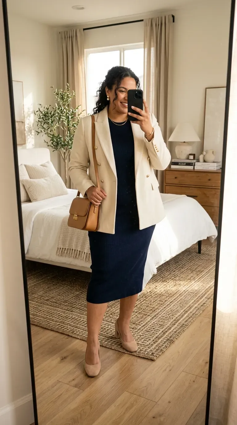 Plus size woman wearing a navy midi dress with a tailored blazer and classic heels.