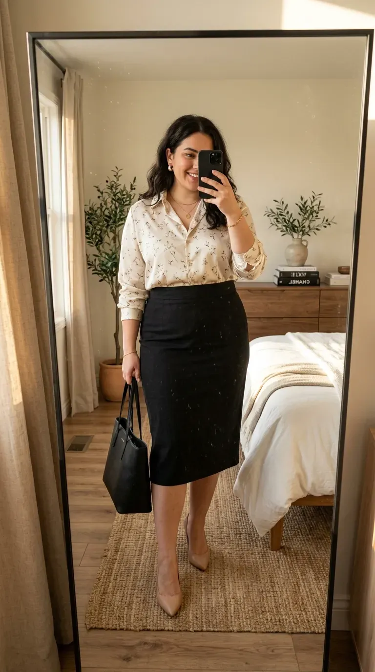 Plus size woman wearing a black pencil skirt with a printed blouse for business casual style.