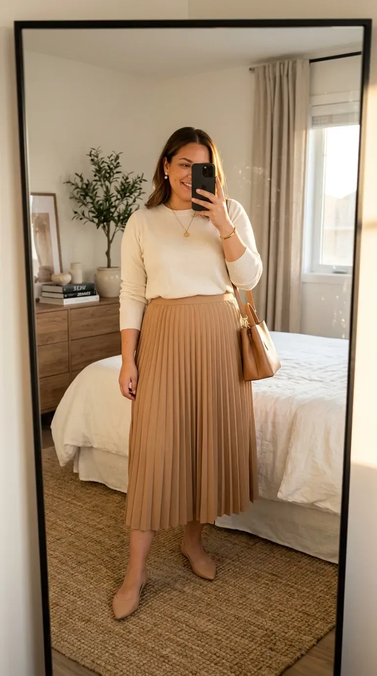 Plus size woman wearing a pleated midi skirt with a lightweight sweater for business casual style.