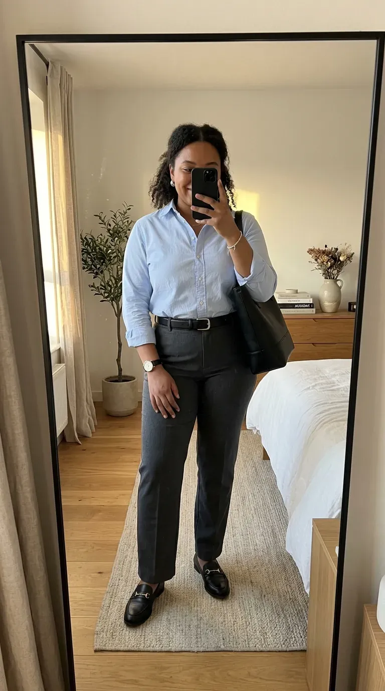 Plus size woman wearing straight-leg trousers with a button-down shirt and loafers.