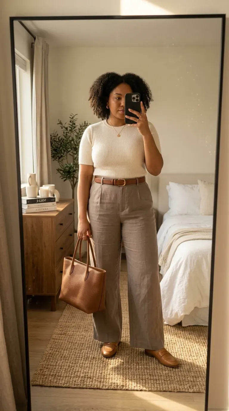 Plus size woman wearing wide-leg trousers with a soft knit top and loafers.