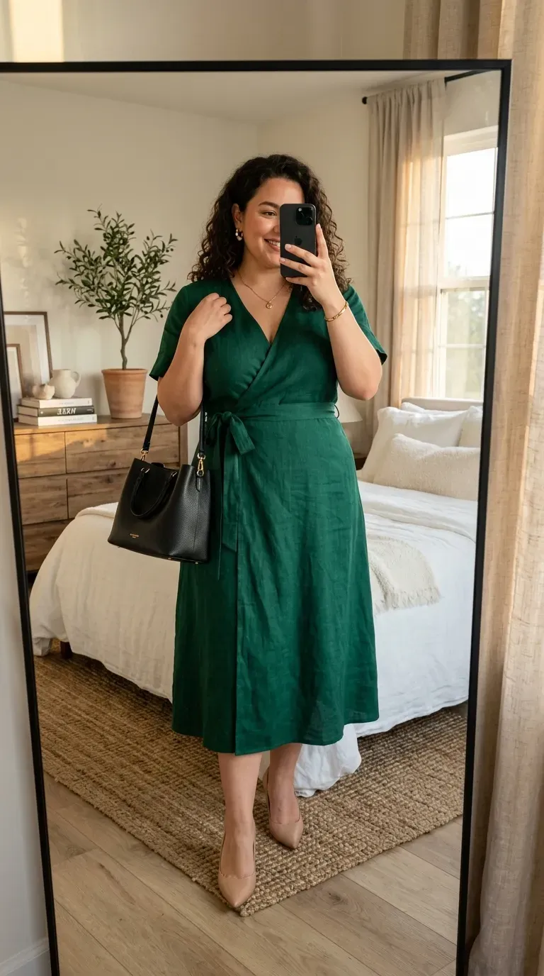 Plus size woman wearing a wrap dress with classic pumps for a business casual office outfit.