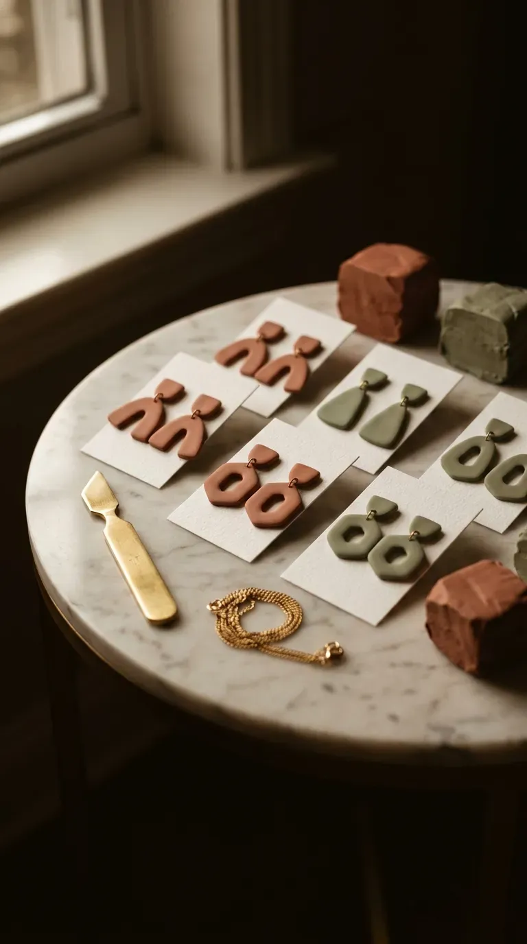 12 Easy Profitable Craft Fair Ideas to Maximize Your Sales 4 Modern geometric polymer clay earrings displayed on simple aesthetic cards