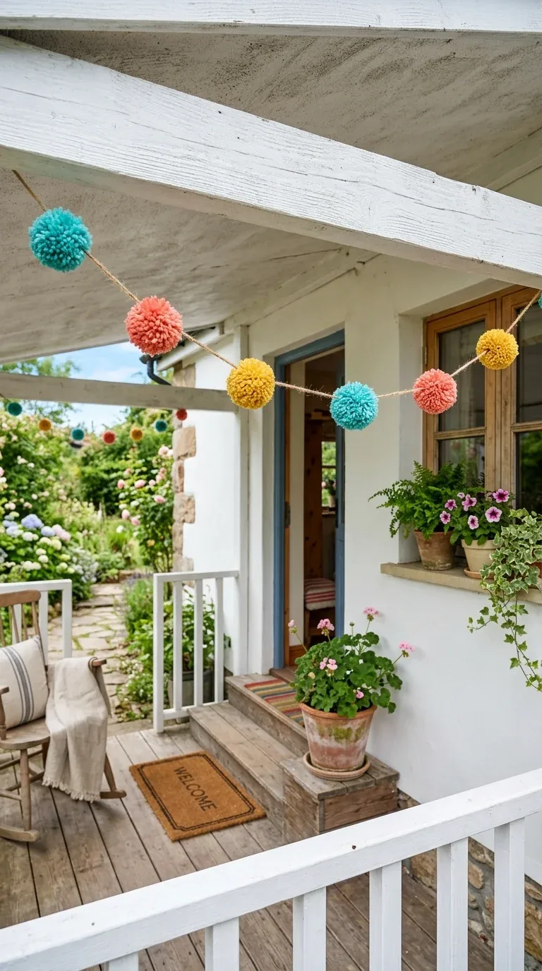 17 DIY Summer Decorations on a Budget 5 A colorful yarn pom-pom garland strung across a porch as summer decor