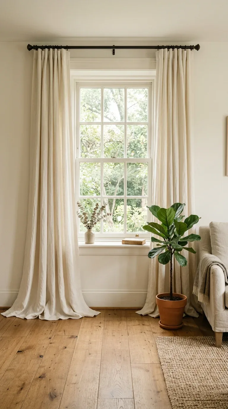 Cream linen curtains hung high and wide pooling slightly on the floor in a living room