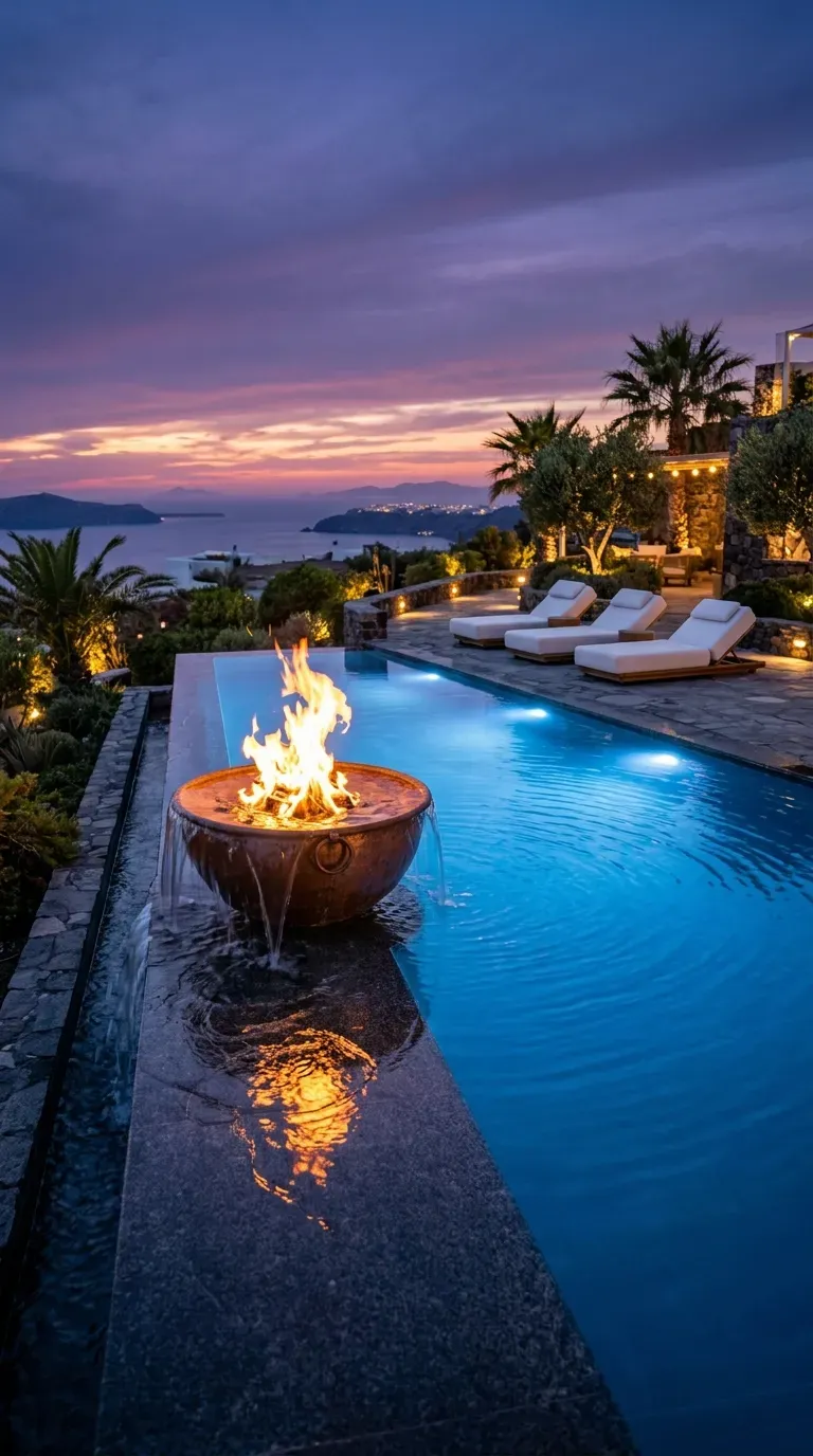 A fire bowl built into the edge of a luxury infinity pool