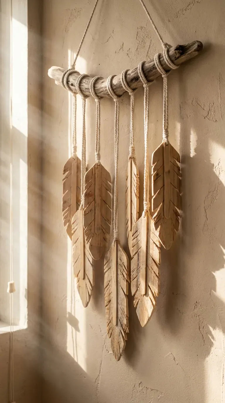 14 Must-Try Easy Popsicle Stick Crafts That Look Insane 9 Wooden boho feathers carved from popsicle sticks hanging on a wall