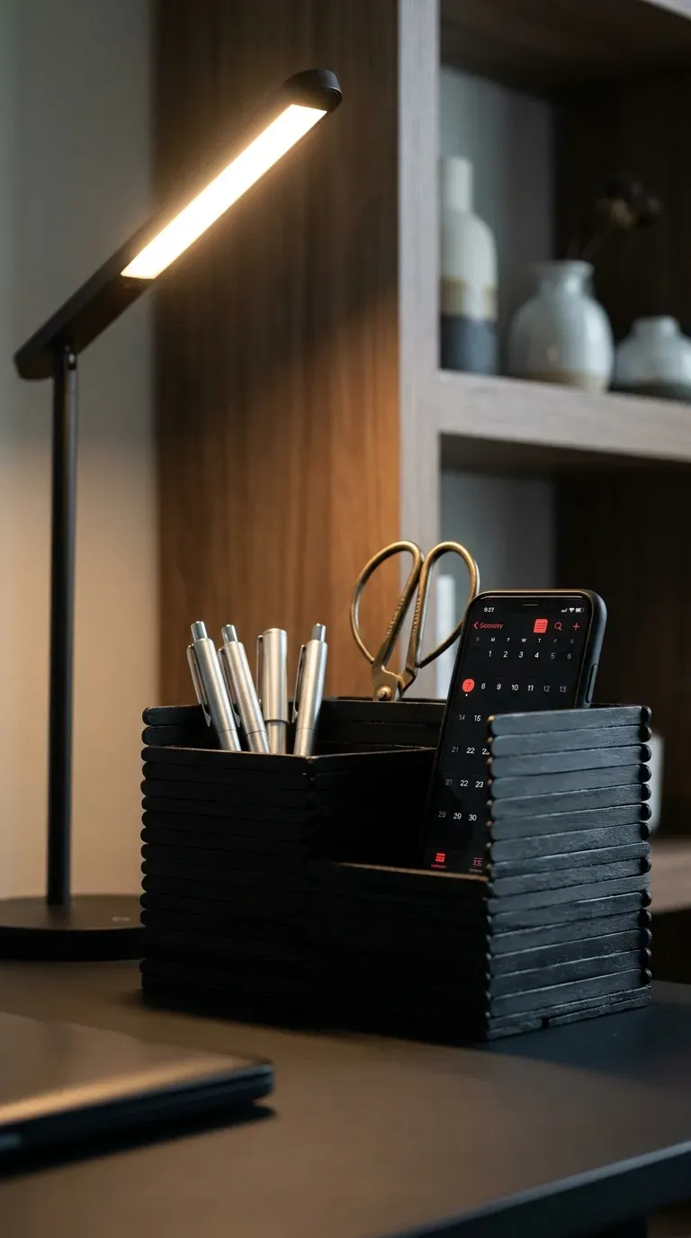 14 Must-Try Easy Popsicle Stick Crafts That Look Insane 10 A sleek matte black desk organizer made of stacked craft sticks