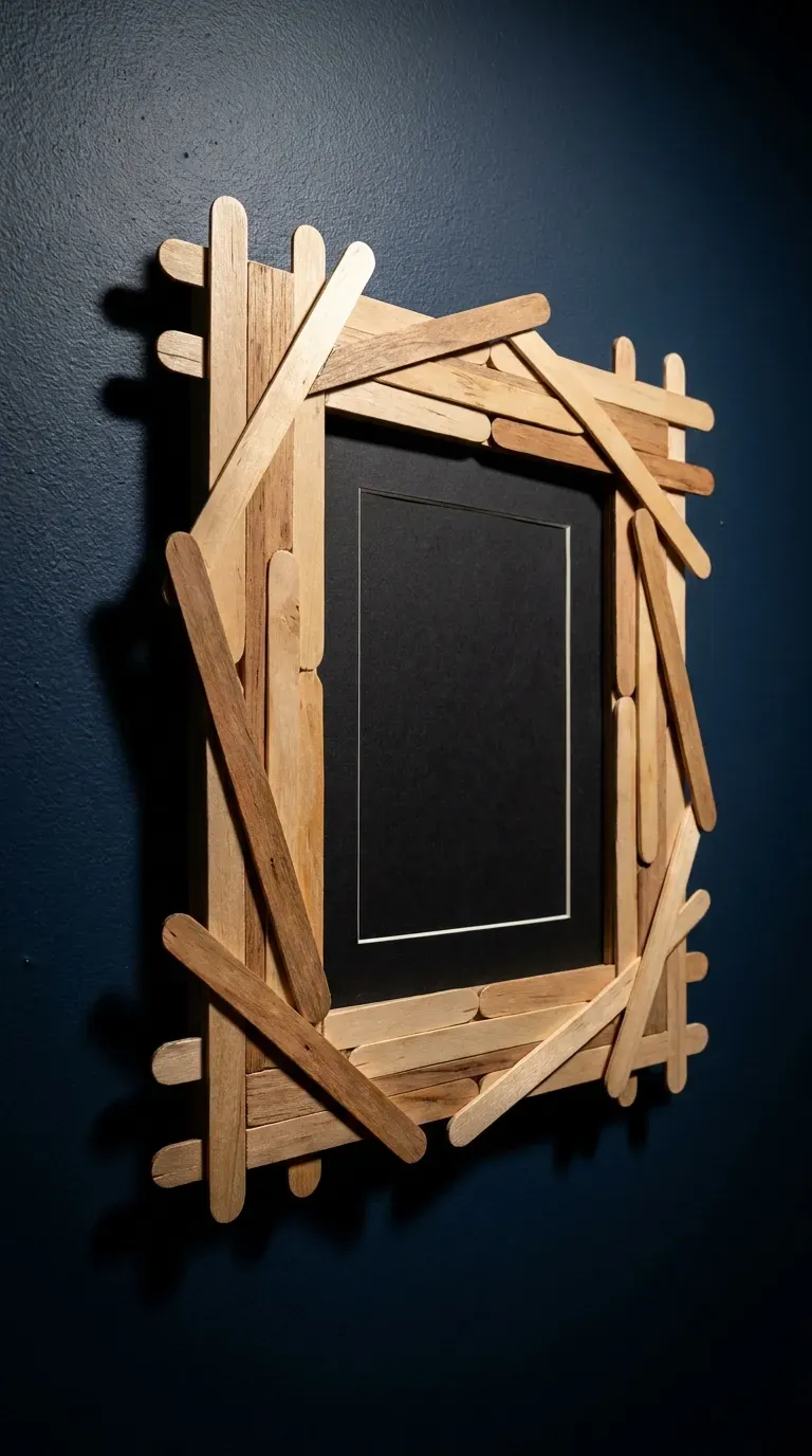 14 Must-Try Easy Popsicle Stick Crafts That Look Insane 14 An abstract, overlapping geometric picture frame made of wood sticks